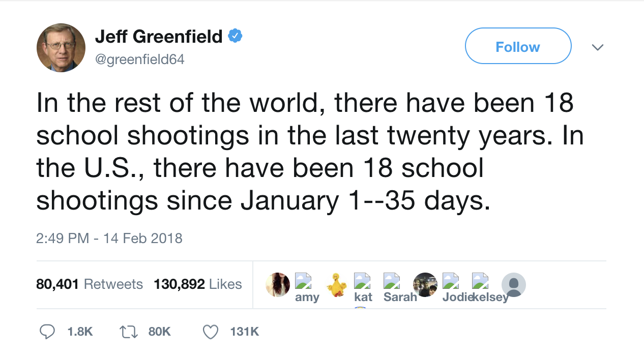Jeff Greenfield 18 School Shootings Tweet
